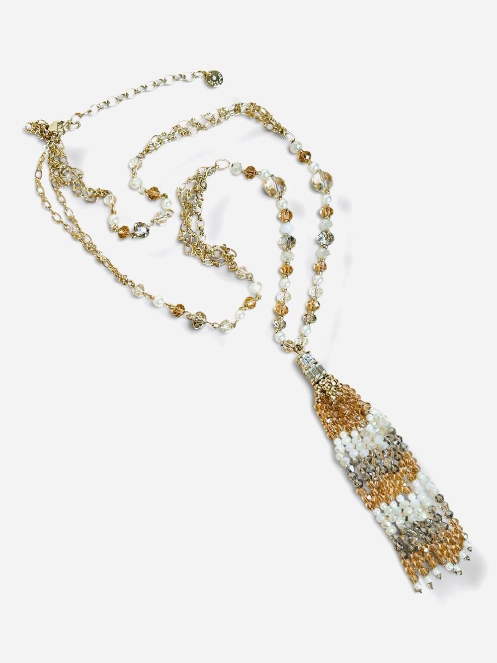 Talbots Mixed Beaded Tassel Necklace Gold Gray Long Boho Glam